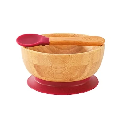 Image of Vinsani Bamboo Bowl and Spoon Set for Baby/Toddler, Suction Plate, Stay Put Design, Hypoallergenic BPA Free (Red)