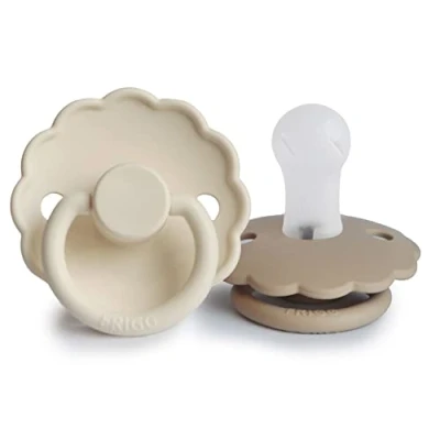 Image of FRIGG Daisy Silicone Pacifier Pack of 2 Soother Dummy BPA Free Made in Denmark Symmetrical Cherry Shaped Nipple (Cream/Croissant, Size 1 (0 6 Months))
