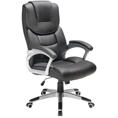 Image of Deuba® Faux Leather Office Chair Executive Computer Desk with Armrests Ergonomic Upholstered Height Adjustable Home Gaming 120kg Load Capacity Black &amp; Silver