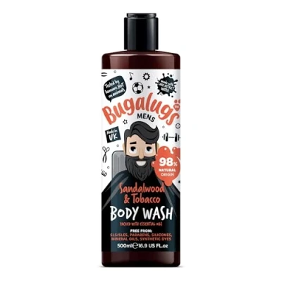 Image of BUGALUGS Mens Shower Gel 500ml, Natural Body Wash for Men Sensitive Skin packed with essential oils &amp; made Lake District Water. Now smell better than your Dog (Sandalwood Tobacco)