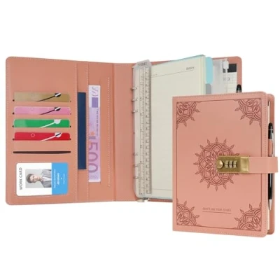 Image of WASON Diary with Lock A5 Binder Ruled Spiral Notebook Journal Planner Portfolio and Refillable Writing Lined Paper Notepad, Pen, Clipboard Organizer For Ideal Business, School &amp; Travel (Pink)