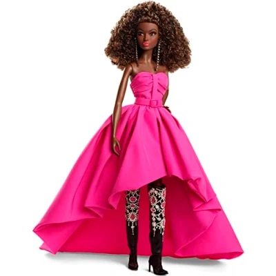 Image of Barbie Signature Pink Collection Doll 4, (Dark Brown Curly Hair) with Silkstone Body Wearing Taffeta Gown, Gift for Collectors, HBX96