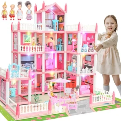 Image of Doll Houses for Girls, Playhouse 4 Story 11 Rooms with Dolls &amp; Furniture Accessories Flashing Lights, Princess House Toy Toddler Birthday Gift 3 5 6 7 8 Year Old (Pink)