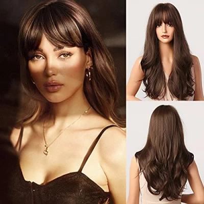 Image of Honygebia Dark Brown Wig with Fringe Long Wvay Wigs for Women, Synthetic Heat Resistant Natural Looking Brunette Hair Best Halloween/Fancy Dress/Cosplay/Party