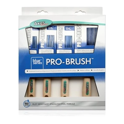 Image of Axus Decor Pro Paint Brushes (blue) Set Of 4 (1.5&quot;, 2X2&quot;, 3&quot;) Brush For Synthetic Filaments, Beavertail Handles, Rust resistant Stainless Steel, Compatible With Brushmate Vapour Boxes
