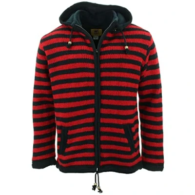Image of LOUDelephant Hand Knitted Wool Hooded Jacket Cardigan Stripe Red Black (Large)