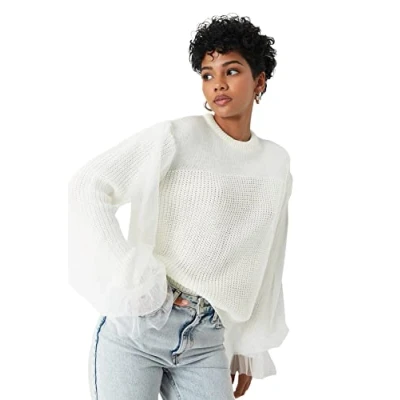 Image of Trendyol Women&#039;s Crew Neck Plain Regular Sweater Sweatshirt, Ecru, S UK