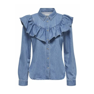 Image of ONLY Locker Geschnitten ÄRMELBÜNDCHEN MIT Knopf Buttondown blouse, Women&#039;s, Size: Small, Medium blue denim