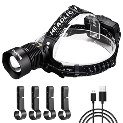 Image of WholeFire Head Torch Super Bright 20000 Lumens, USB Rechargeable XHP90 Powerful LED Headlamp with 3X Batteries, 3 Modes Waterproof Zoom Headlight for Camping Running