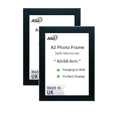 Image of A2 Black Picture Frame 59.4 x 42cm Wooden Photo Modern Poster Document Frames for Wall Mount, Pack of 2 MDF Portrait or Landscape Certificate (2, Black)