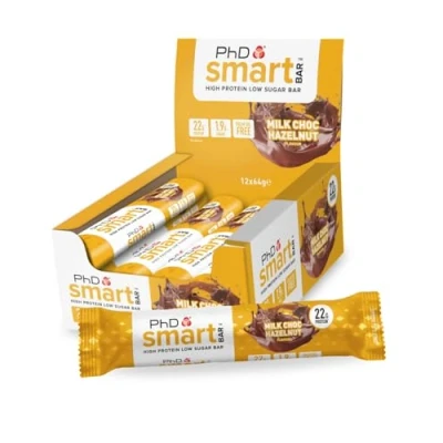 Image of PhD Nutrition Smart Protein Bar Low Calorie, Nutritional Bars/Protein Snacks, High Sugar, Chocolate Hazelnut Flavour, 20g of Protein, 64g (12 Pack)