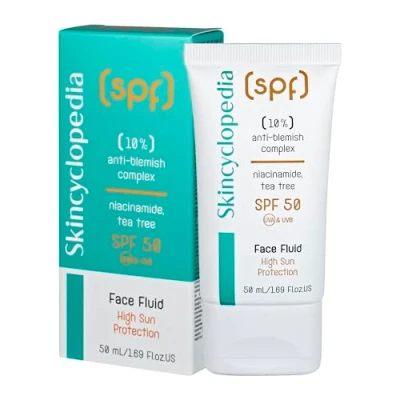 Image of Skincyclopedia SPF 50 Face Sunscreen Fluid with 10% Anti Blemish Complex Ground breaking Sun Cream for Very High UV Protection, Glow, and Reduction, 50ml