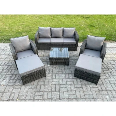 Image of 7 Seater High Back Rattan Garden Furniture Set with Square Coffee Table 2 Big Footstool Indoor Outdoor Patio Lounge Sofa Dark Grey Mixed Fimous