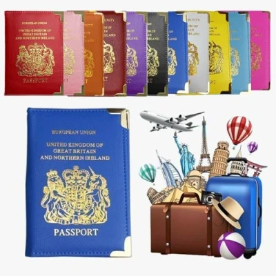 Image of AlezyB British Passport Holder, Portable Wallet Case Organiser for Men, Women, PU Leather Cover Travel, Business Cards, Credit Cards and Boarding Passes (Dark Blue)