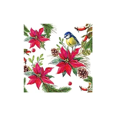 Image of Ambiente 3 Ply Paper Napkins Bird On Poinsettia White FSC