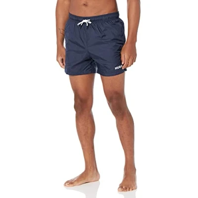 Image of HUGO Men&#039;s Small Logo Quick Dry Swim Trunks, Basic Navy, X Large