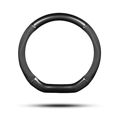 Image of Ergocar Car Steering Wheel Cover Non slip Protector Sport D shape Carbon Fiber &amp; PU Leather Universal For Diameter 38cm(15&quot;) (Black)