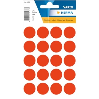 Image of HERMA Dot Stickers Luminous Red, 100 Labels, Ø 19 mm, 20 Labels per Sheet, Self Adhesive Round Colour Stickers, Blank Marking Dots, Sticky Circle for Color Coding Calendar