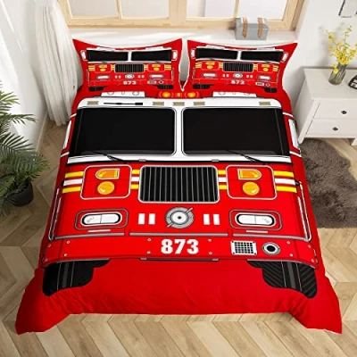 Image of Manfei Fire Truck Duvet Cover Set Single Size, Red Engine Comforter with 1 Pillowcase, Cartoon Vehicle Bedding 2pcs for Kids Boys Teens Bedroom Decor, Firemen Car Bedspread