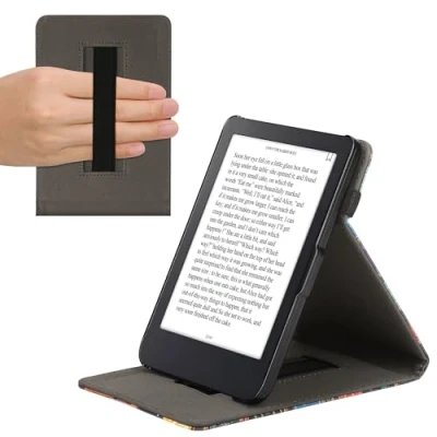 Image of kwmobile Cover Compatible with Kobo Clara 2E / Tolino Shine 4 Case Stand + Strap Library Motto Multicolor