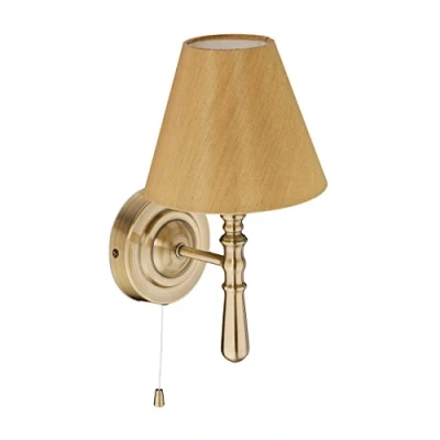 Image of Relaxdays Wall Lamp with Shade, Indoor, Pull Switch, Hallway &amp; Living Room, E14, Fabric, HxWxD: 28 x 16 19 cm, Brass