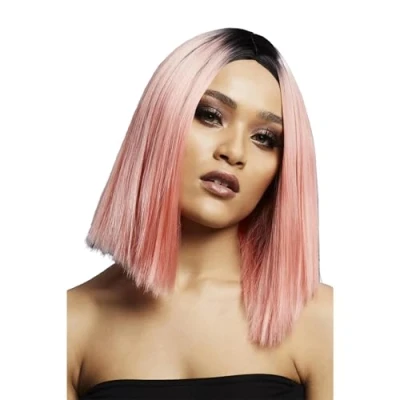 Image of Smiffys Fever Kylie Wig, Two Toned Blend, Coral Pink Inverted Long Bob, Centre Parting, 37cm/ 15in, Wigs Fancy Dress, Dress Up