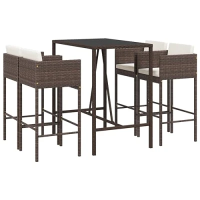 Image of vidaXL 5 Piece Brown Poly Rattan Garden Bar Set with Cushions Outdoor Patio Furniture Table and Stools, Comfort, Style