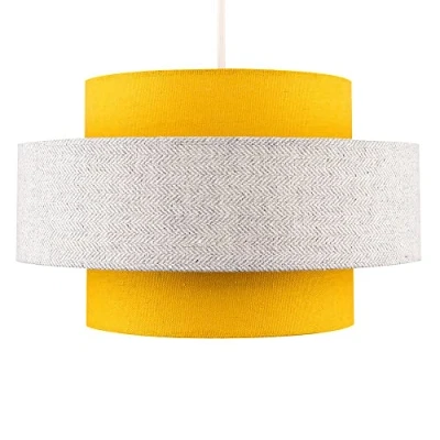 Image of Modern Cylinder Ceiling Pendant Light Shade in a Mustard &amp; Grey Herringbone Finish Complete with 10w LED GLS Bulb [3000K Warm White]