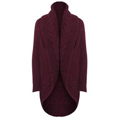 Image of Xpose Ladies Women&#039;s Cable Knit Wool Open Long Sleeved Oversized Chunky Cardigan Shrug Cape Knitwear Outerwear Colours Available Charcoal Stone Black Silver Grey Wine Nude Khaki Cream Mustard (Wine)