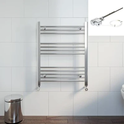 Image of DuraTherm® 750 x 600mm Flat Straight Heated Towel Rail Radiator Dual Fuel Bathroom Warmer Wall Mounted Ladder Rad Chrome Thermostatic, 300W