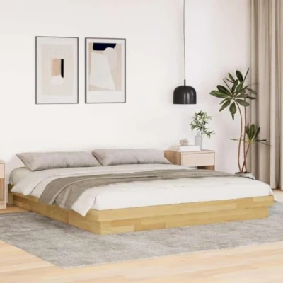 Image of vidaXL Solid Oak Wood Bed Frame/Double 200x200 cm Brown Slatted Base/Low Floor Design Bedroom Furniture