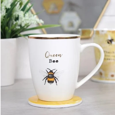 Image of Elegant White &amp; Yellow Queen Bee Ceramic Mug Coaster Set 10.2cm x 12cm (1 Set) Unique Design Perfect for Tea or Coffee Lovers