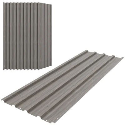 Image of Outsunny Corrugated Roofing Sheets, Pack of 12, Galvanised Metal Sheets for Greenhouse, Garage, Storage Shed, Carport, 129 x 45cm, Grey Wood Effect