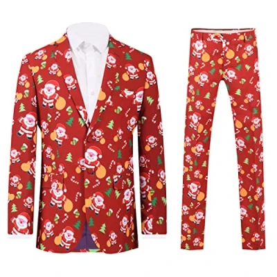 Image of Dobell Mens Red Happy Santa Claus Festive 2 Piece Christmas Suit Regular Fit 48R
