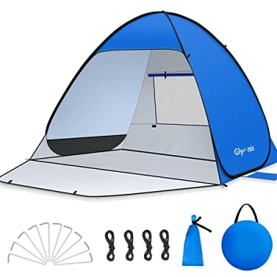 Image of Glymnis Pop Up Beach Tent Small for 1 2 Person/Large 3 4 Person, UV Protection Sun Shelter with Zipper Porch, Portable Beach, Instant Outdoor Adults