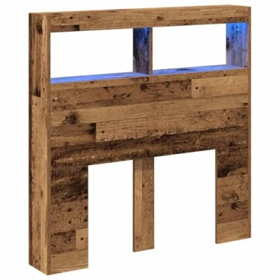 Image of vidaXL Headboard Cabinet with LED Lights Engineered Wood 100x17x102 cm Modern Bedroom Storage Solution Shelf and USB Connector