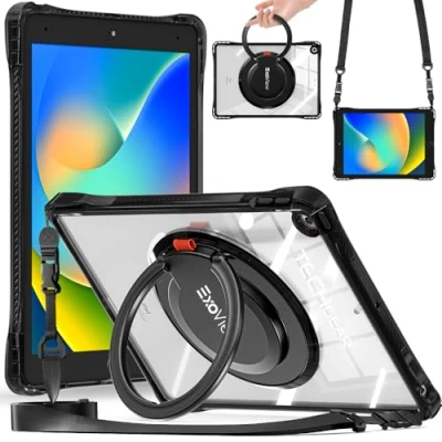 Image of TECHGEAR ExoView Case for Apple iPad 10.2&quot; 2021/2020/2019 [9th/8th/7th Generation] Tough Rugged Slim Shockproof Clear with Stand, 360 Rotating Ring Grip Hand Holder &amp; Shoulder Strap Black