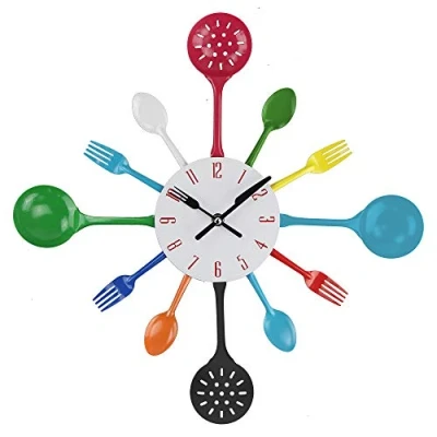 Image of Timelike Wall Clock, 16&quot; Metal Kitchen Cutlery Utensil Spoon Fork Clock Creative Modern Home Decor Antique Style Watch (Colorful)