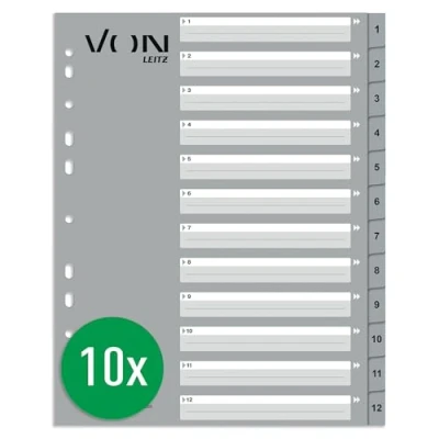 Image of VON Leitz Pack of 10 A4 Number Indexes, 1 12 Numbered Dividers for Folders, Polypropylene, Extra Wide, 11 Hole Universal Index Loose Leaf Folders and Ring Binders, Grey, 12680085