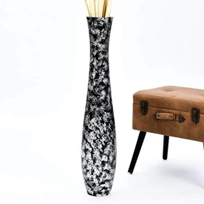 Image of Leewadee Large Black Silver Home Decor Floor Vase Wooden 90 cm Tall Farmhouse Flower Holder For Fake Plant And Pampas Grass