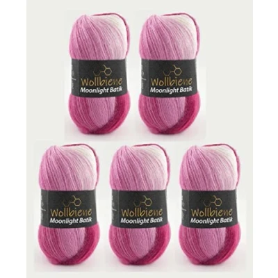 Image of Wollbiene Moonlight Batik, 5 x 100 g Knitting Wool, 500 Wool for and Crocheting, 20% Turkish Colour Gradient (5300 Berry White)