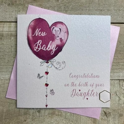 Image of WHITE COTTON CARDS DAUGHTER BALLOON NEW BABY CARD, HAND FINISHED (D267)
