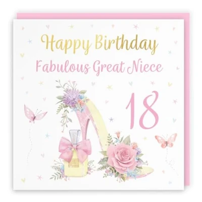 Image of Hunts England 18th Great Niece High Heel And Perfume Birthday Card Luxury Gold Foil Milo&#039;s Gallery Age 18 Butterflies, Flowers, Hearts Pretty For