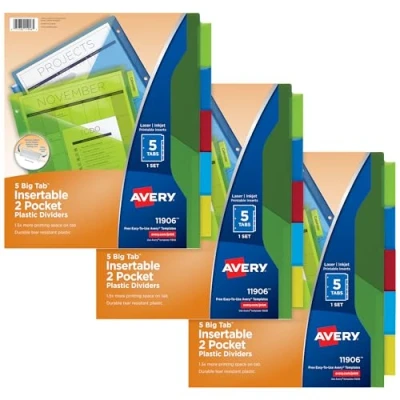 Image of Avery Dividers for 3 Ring Binders, 5 Tab Binder Dividers, Two Pocket Plastic Insertable Big Tabs, Multicolor, Sets (71906)