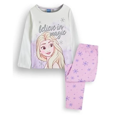 Image of Disney Frozen Elsa Girls Pyjama Set Kids Princess White Long Sleeve Top &amp; Pink Leg Graphic PJs Believe in Magic Glitter Print Snowflake Stars Movie Film Merchandise Gift