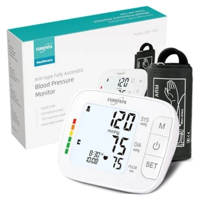 Image of EUROPAPA Upper Arm Blood Pressure Monitor for Home Use, Pulse Measurement, Measurement with Large Cuff (22 42cm), 2 X 60 Memories, Dual User (Black)