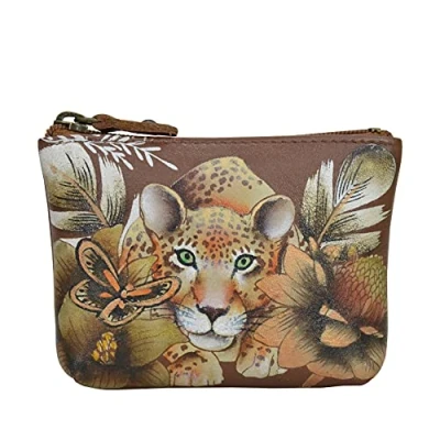 Image of Anuschka Women’s Genuine Leather Coin Pouch Hand Painted Exterior Cleopatra&#039;s Leopard Tan