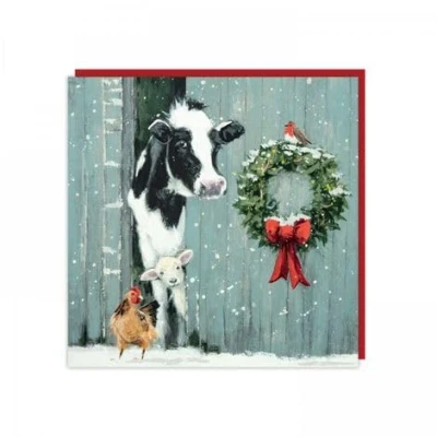 Image of Charity Christmas Cards Cow, Lamb and Chicken Peaking out of a Stable with Flitter Finish Eco Friendly Recyclable Pack 6 By Art Beat