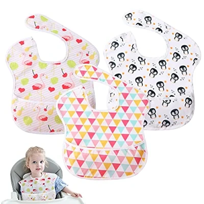 Image of Little Dimsum 3 Pack Baby Bibs Waterproof Bib Easy to Clean Feeding Weaning Adjustable Closed for Babies Toddlers with Large Pocket 6 36Months(Penguin &amp; Flamingo Triangle)