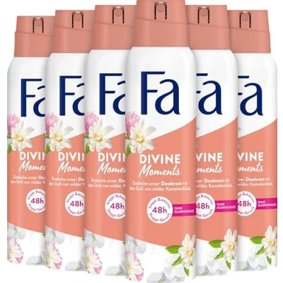Image of FA Divine Moments Deodorant Spray (6 x 150 ml), with the Fragrance of Wild Camellia Blossom, Vegan Formula, Stops Bacteria, Protection without Aluminium Salts